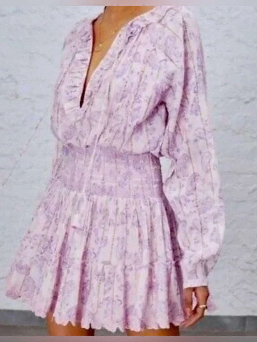 House of Harlow 1960 Boho Paisley Smocked Mini Dress S Lilac Puff Sleeve - Picture 3 of 14